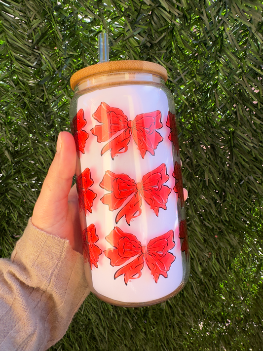 GLASS TUMBLER WITH RED BOWS